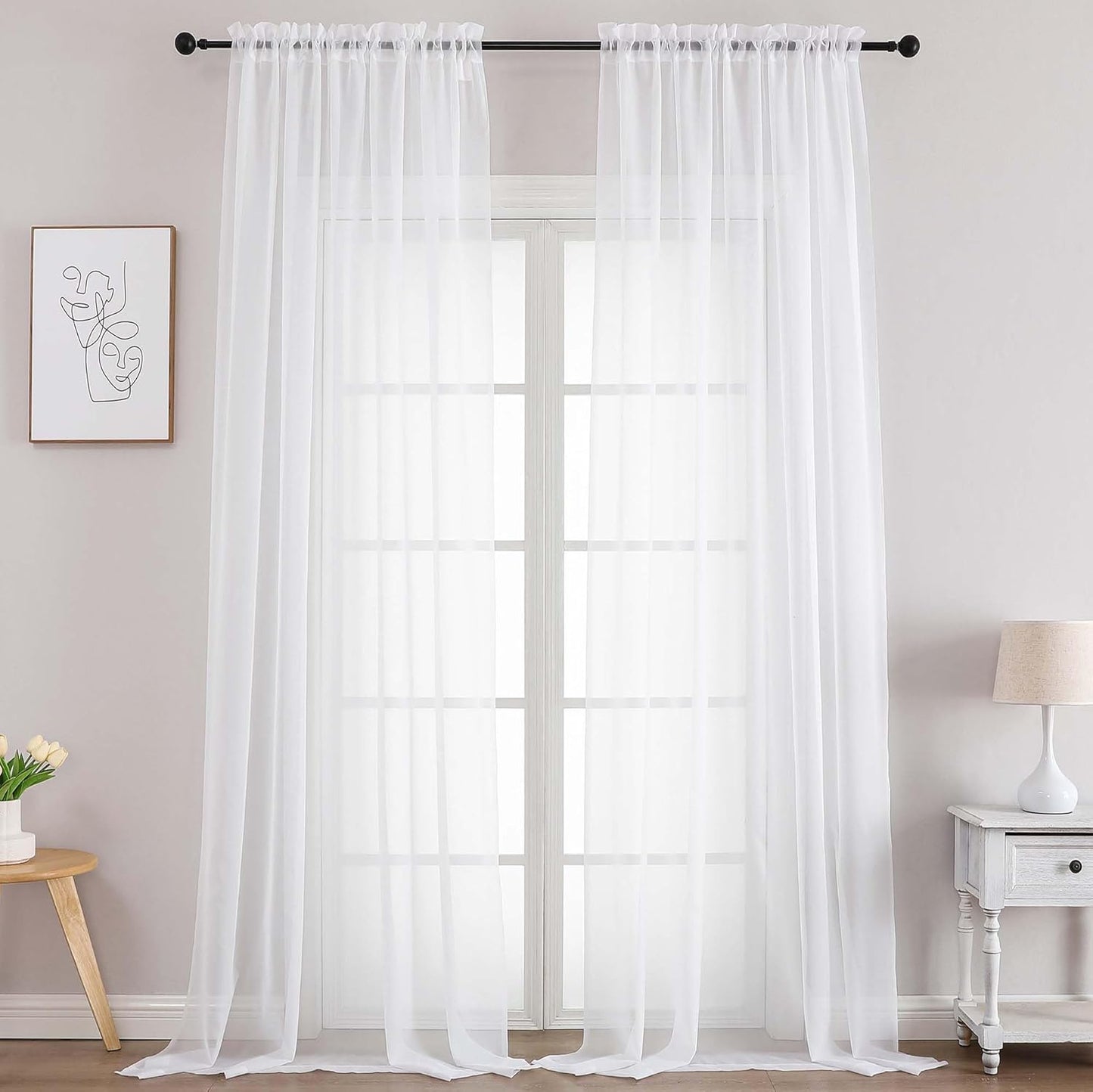 Chyhomenyc Extra Long White Sheer Curtains 108 Inches Long 2 Panels, Light Filtering White Curtains for Living Room, Soft Gentle Voile Rod Pocket Bedroom Window Drapes, 59Wx108L Inch, 9FT, 2PCS