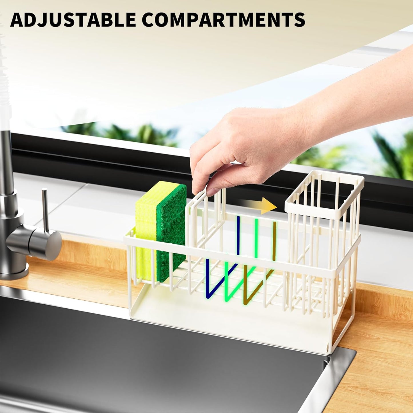 Cisily Off White Sponge Holder for Kitchen Sink, Sink Caddy Organizer with High Brush Holder, Kitchen Countertop Rustproof 304 Stainless Steel, Soap Dispenser Kitchen Organizers and Storage Essentials