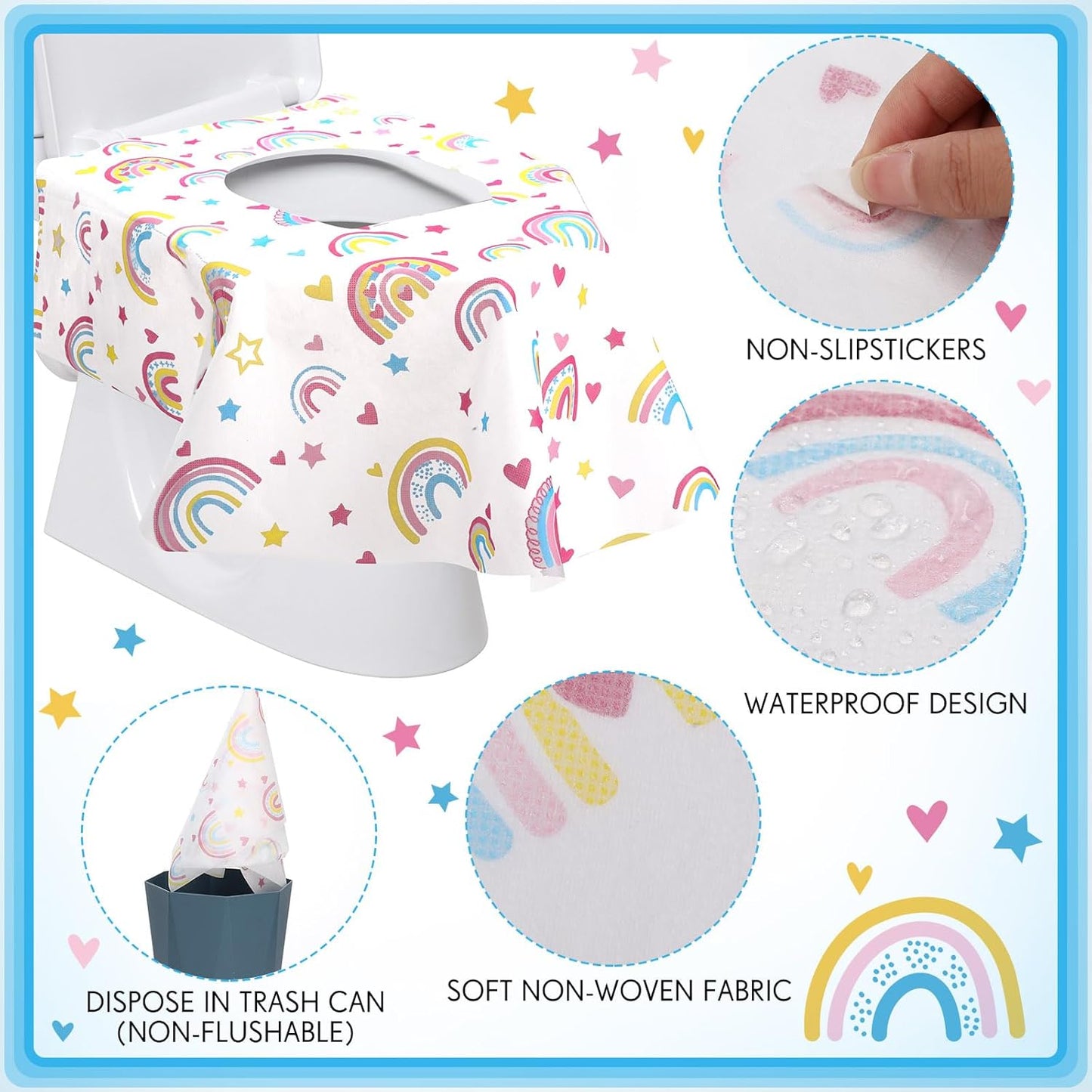 50 Packs Disposable Toilet Seat Covers Extra Large Individually Wrapped for Kids and Adults, Portable Non Slip Waterproof Potty Seat Covers for Toddlers Potty Training, Travel (Rainbow)