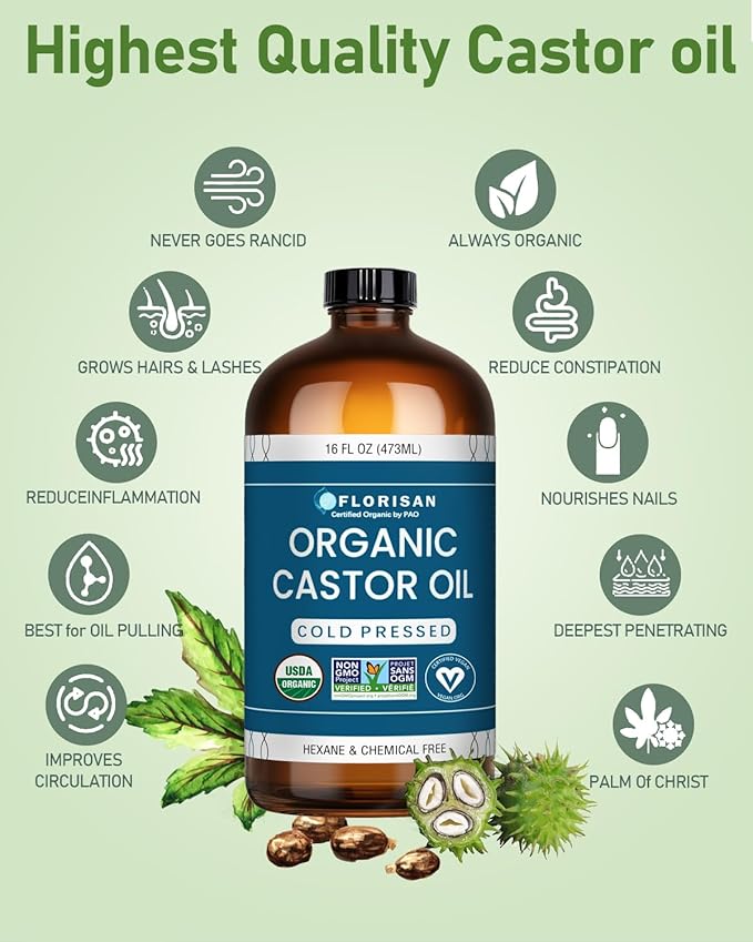 Organic Castor Oil 16oz Glass Bottle, Cold Pressed, Hexane-Free, Non-GMO, 100% Pure Castor Oil for Hair Growth, Skin, Lashes, Eyebrows, EWG Verified & USDA Organic Certified