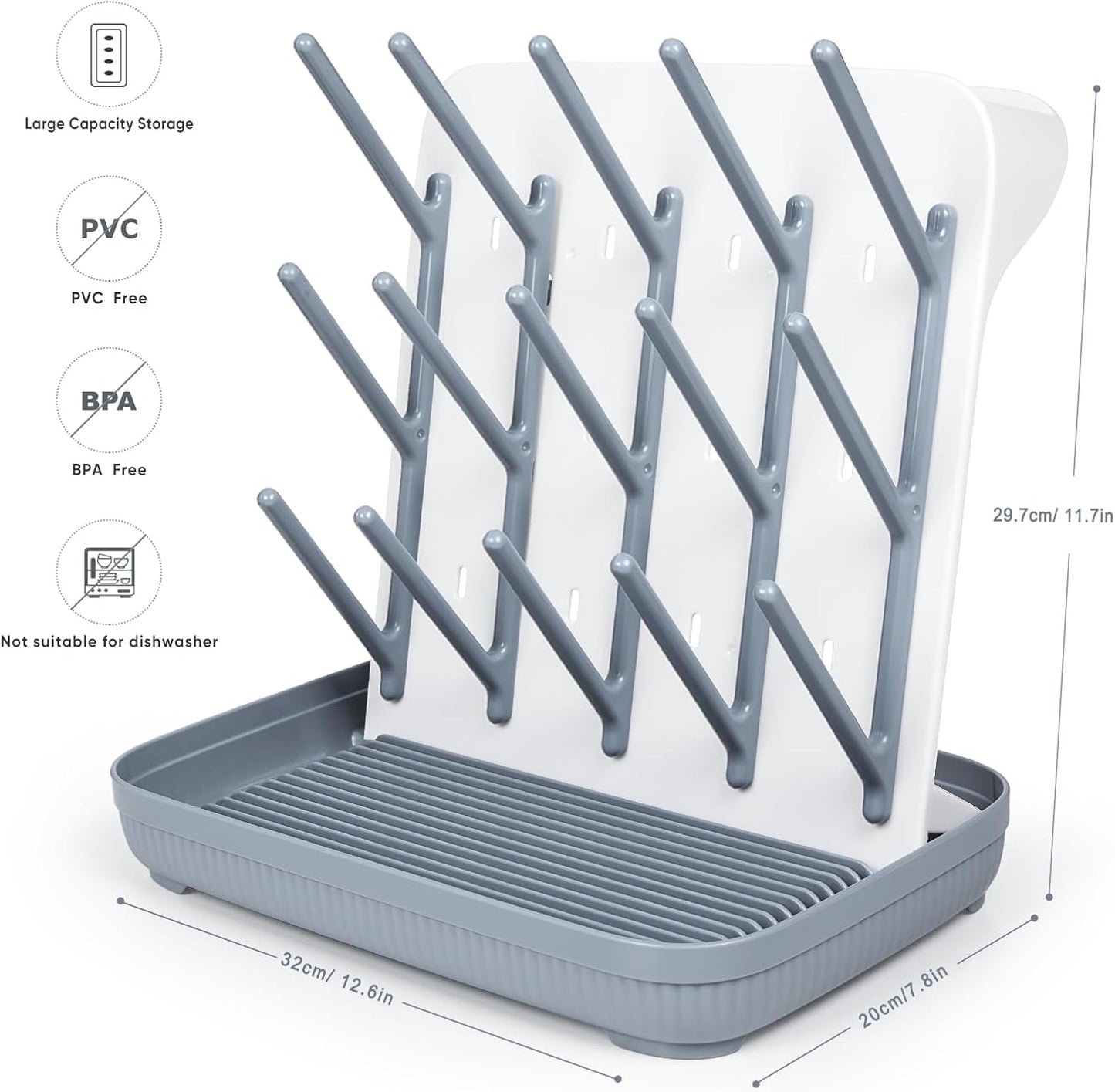 Termichy Baby Bottle Drying Rack: Large Vertical Bottle Dryer Rack Holder - Space Saving Standing Drying Rack for Baby Bottles and Pump Part Cleaning (Gray)