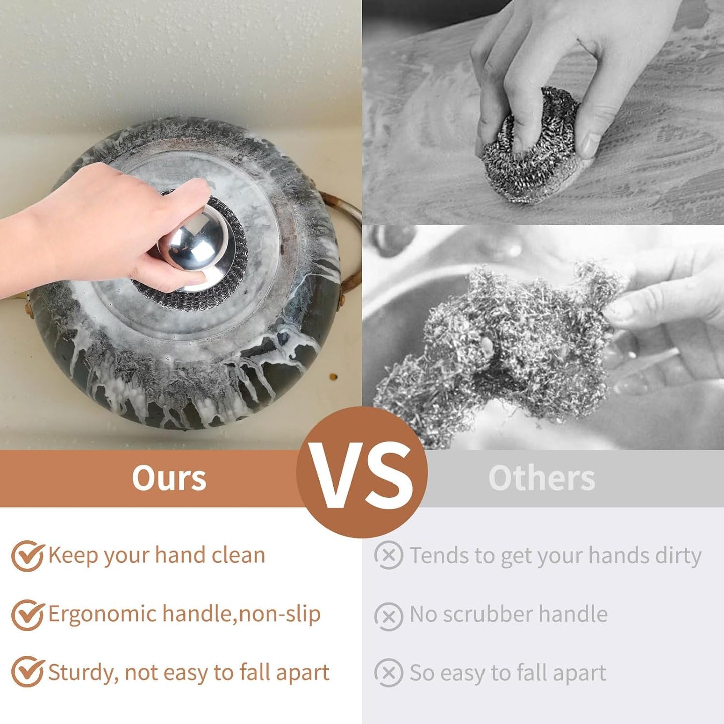 6Pcs Steel Wool Scrubber with Replacement Wire Pads Set, Stainless Steel Scrubber with Handle for Scouring Stubborn Messes from Cast Iron, Pots, Pans, Grill, Stoves, Sink(1 Scrubber+5 Pads)