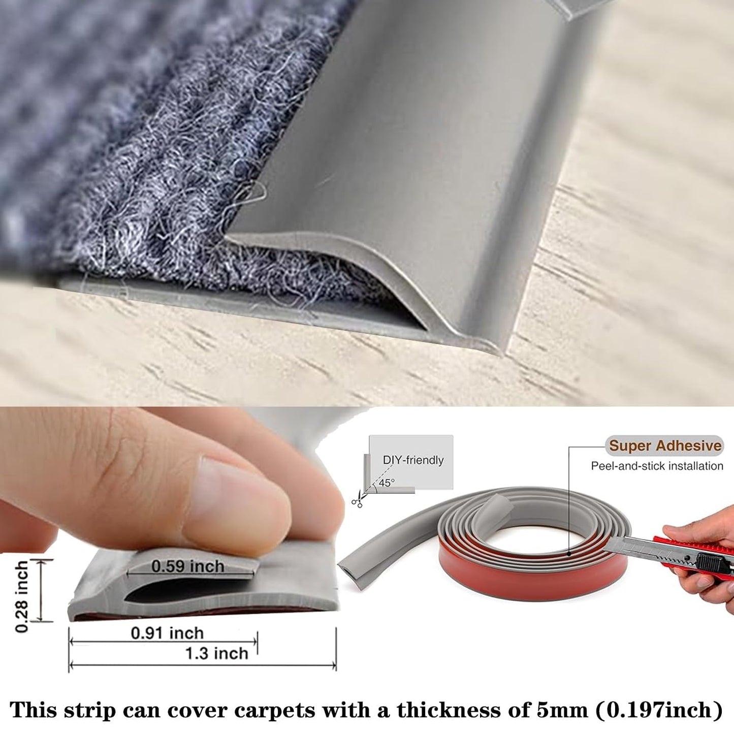 Self Adhesive Carpet Transition Strip with Edge Trim, Designed for Seamless Transitions from Carpet to Tile or Vinyl Floors, Perfect for Doorways.(Gray,15ft)