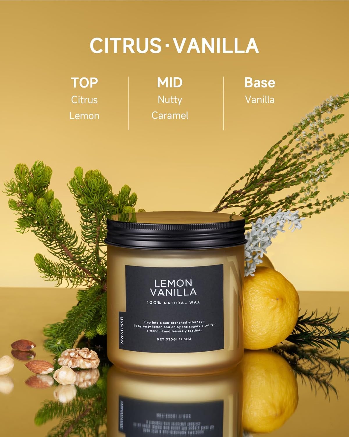M&SENSE Candles Lemon Vanilla Scented, 11.6oz 70 Hour Long Lasting Candles for Home, 2 Wick Natural Soy Wax in Glass Jar, Stress Relief Gifts for Women and Men