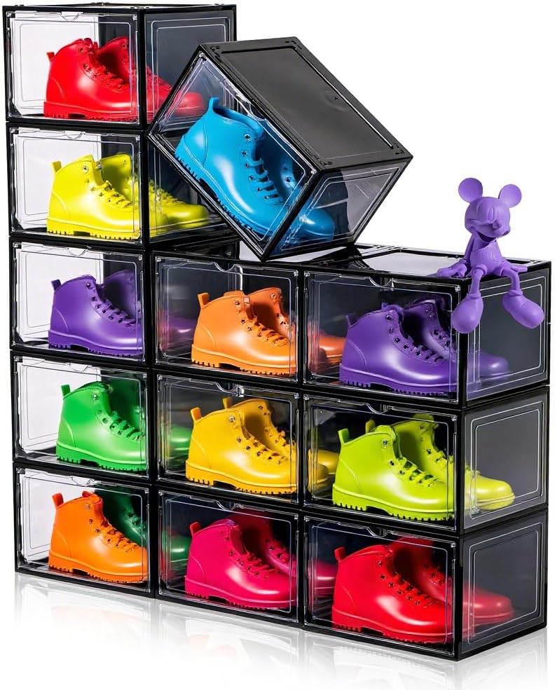 12 Pack Black Shoe Boxes Stackable,Large Shoe Storage Organizer with Magnetic Door,Drop Side Shoe Containers for Entryway,Sneaker Storage Fit up to US Size 12 for Men/Women(13’’x 10.62”x 8.26”