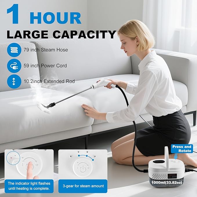 1L Handheld Steam Cleaner for Home and Kitchen Cleaning, 2500W 15s Fast-Heating & 3 Speeds, Portable Steam Cleaner Multi-Surface Deep Cleaning Supplies for Surface, Corner, Crevice (110V, White)