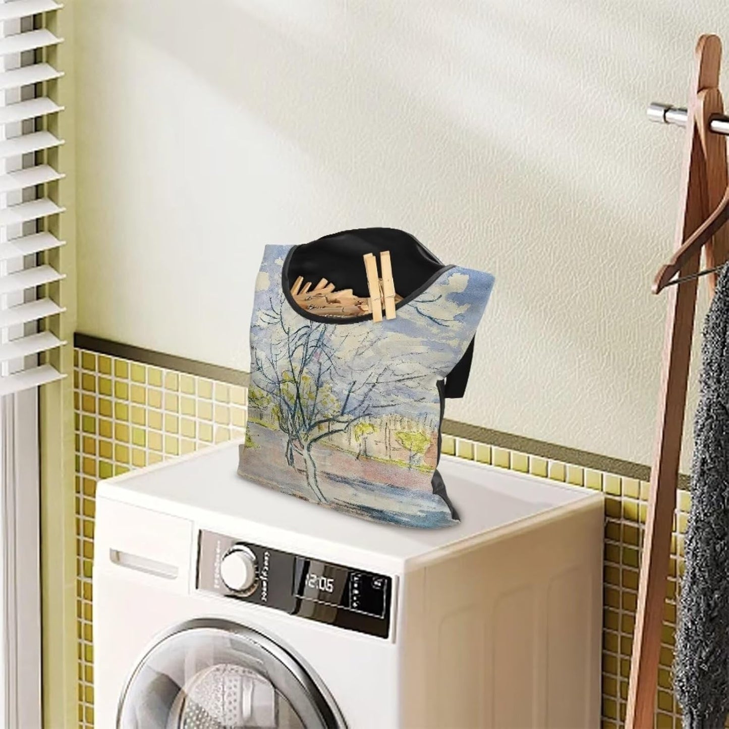 Weather Resistant Clothespin Storage Bag - Outdoor Hanging Organizer with Windproof Features - Large Capacity 14.5x12 Inch Polyester Pouch for Clothes Pins Peach Tree in Bloom Print
