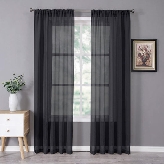 Tollpiz Sheer Curtains Linen Textured Bedroom Curtain Sheers Light Filtering Rod Pocket Voile Curtains for Living Room, 54 x 84 inches Long, Black, Set of 2 Panels