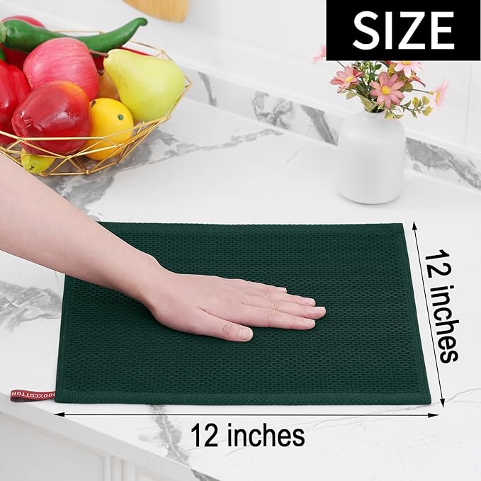 Homaxy 100% Cotton Waffle Weave Kitchen Dish Cloths, 4-Pack Ultra Soft Absorbent Dish Towels, Quick Drying Dish Rags, 12 x 12 Inches, Blackish Green
