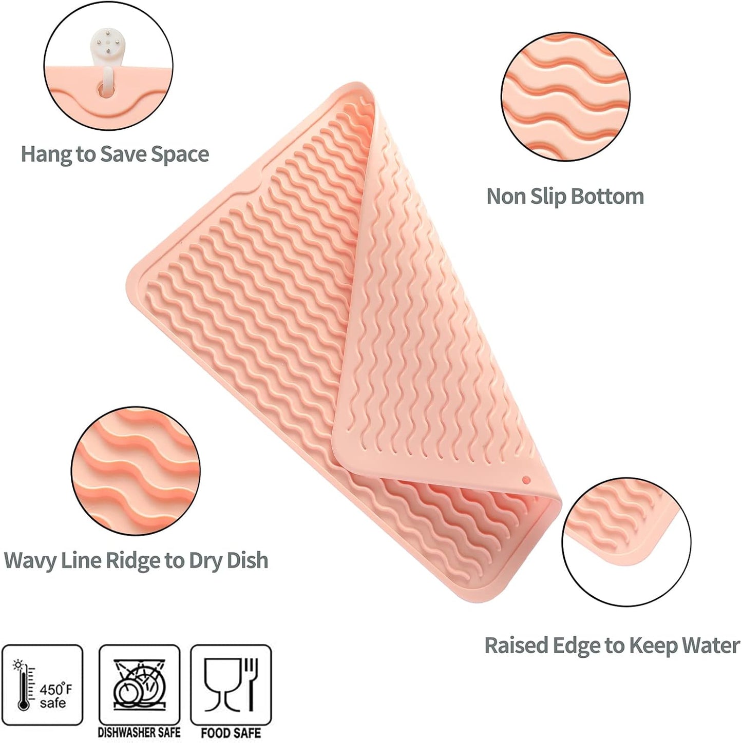 Silicone Dish Drying Mat for Multiple Usage,Easy clean,Eco-friendly,Heat-resistant Silicone Mat for Kitchen Counter or Sink,Refrigerator or drawer liner Pink L 16 inches x 12 inches