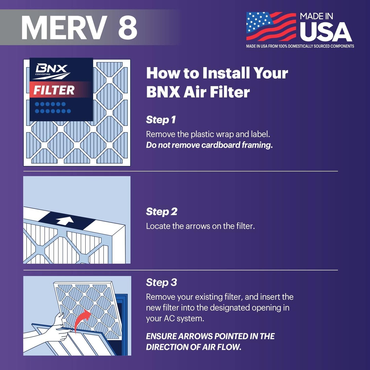BNX TruFilter 20x25x1 Air Filter MERV 8 (6-Pack) - MADE IN USA – Dust & Pet Defense Electrostatic Pleated Air Conditioner HVAC AC Furnace Filters for Dust, Pet, Mold, Pollen MPR 600 – 700 & FPR 5