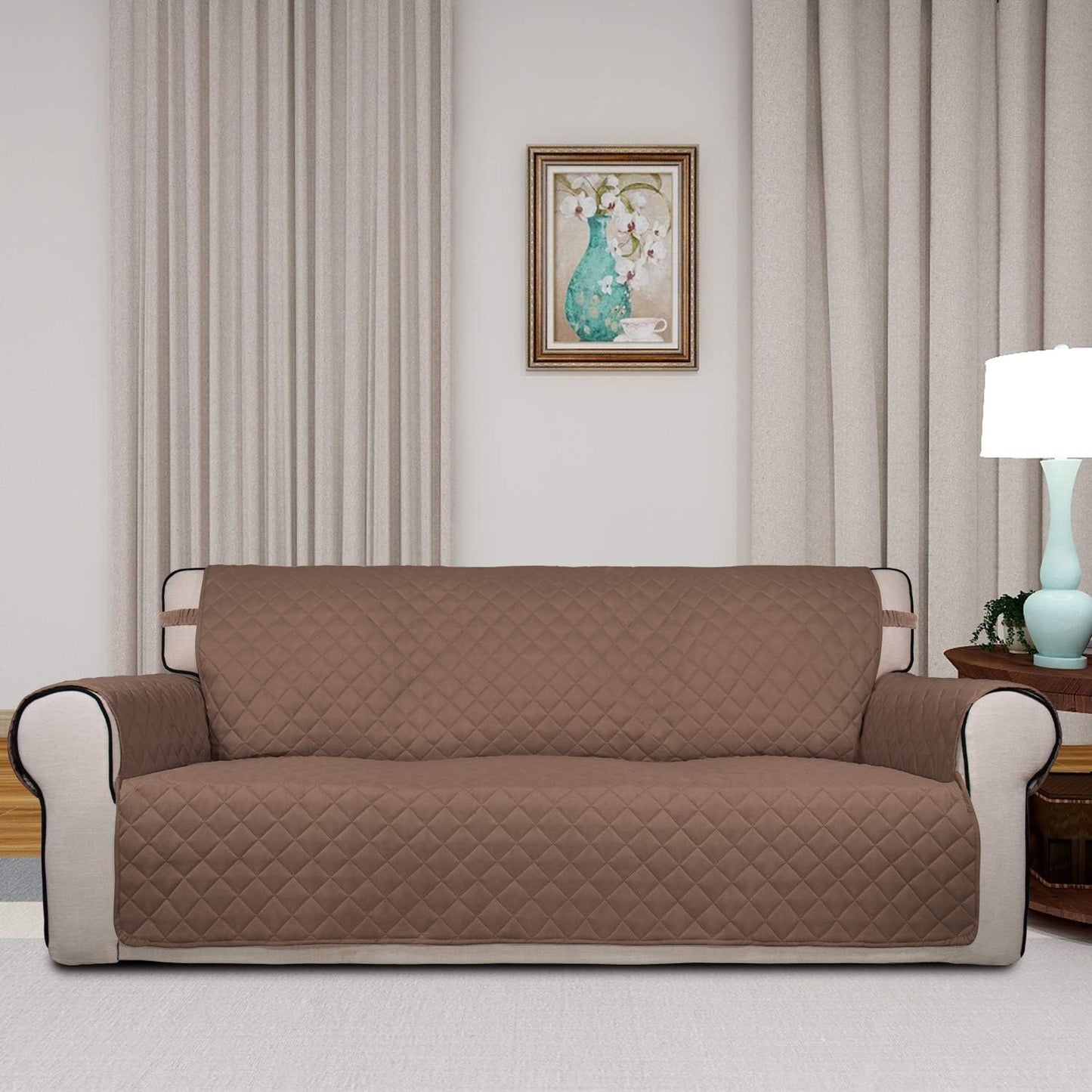 PureFit Reversible Quilted Sofa Cover, Water Resistant Slipcover Furniture Protector, Washable Couch Cover with Non Slip Foam and Elastic Straps for Kids, Pets (X Large, Brown/Beige)