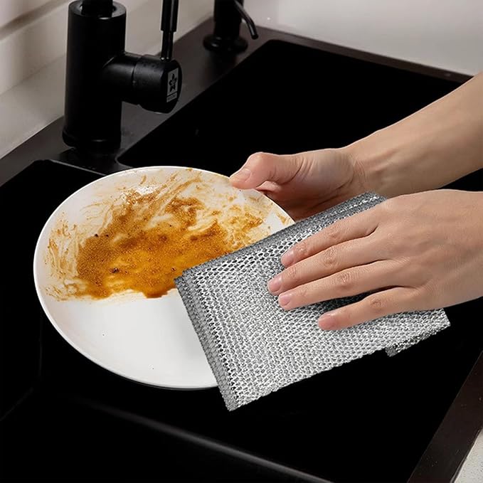 Double-Layer Steel Wire Cleaning Cloth - Non-Scratch Wire Dishcloth Rag Heavy Duty Scrub Pads Multi-Purpose Silver Mesh Scouring Pads for Dishes, Pots, Pans (6pcs)