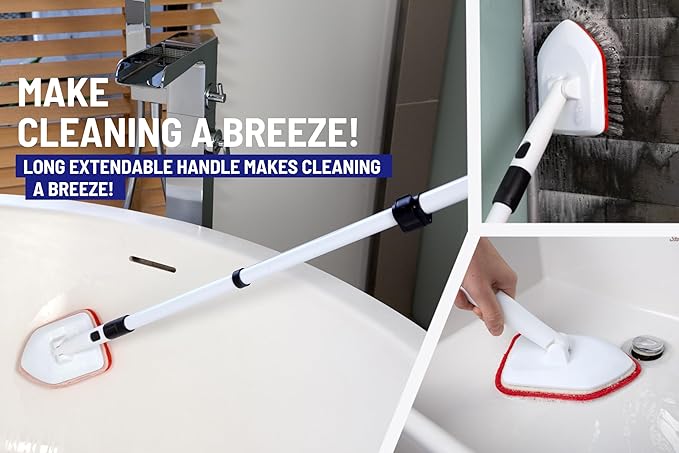 Shower Scrubber 3 in 1 Extendable Long Handle 58" Cleaning Brush - Non Scratch Shower Brush for Cleaning Bathroom Kitchen Toilet Wall Tub Tile Sink (Red)