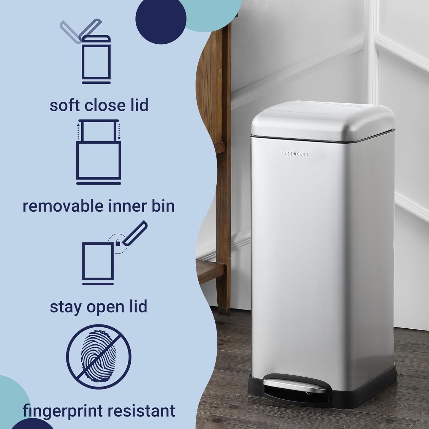 happimess HPM1007D Betty Retro 8-Gallon Step-Open Trash Can with Soft-Close Lid, Fingerprint Resistant, Modern, Minimalistic for Home, Kitchen, Laundry Room, Office, Bedroom, Bathroom, Chrome