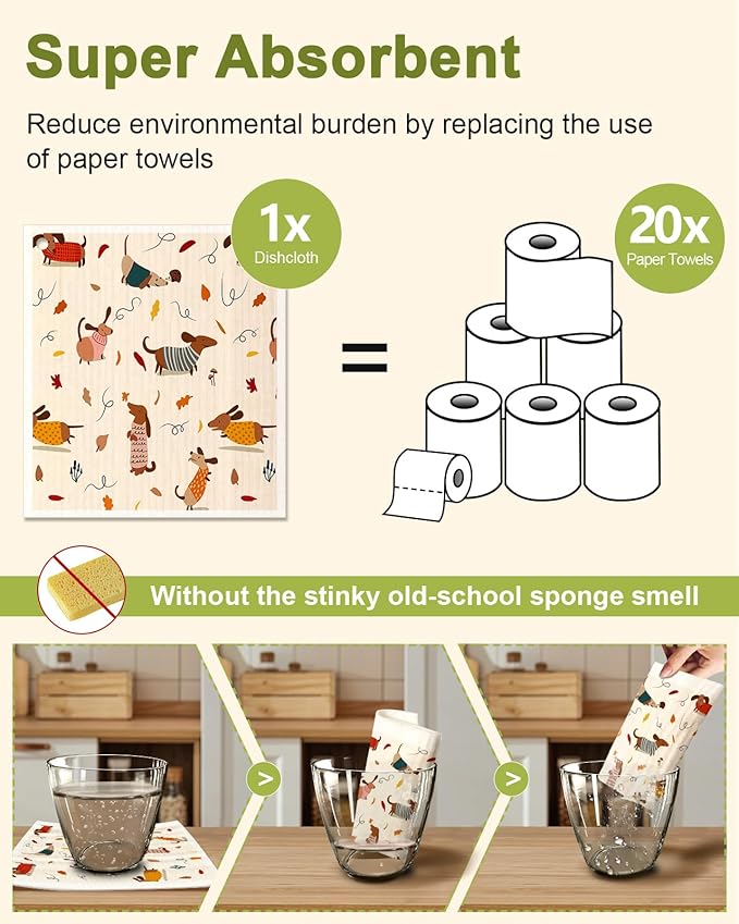Swedish Dishcloths for Kitchen - 5 Pack Reusable Dish Cloths for Washing Dishes Absorbent Cute Funny Kitchen Towels Cleaning Sponge, Little Puppy