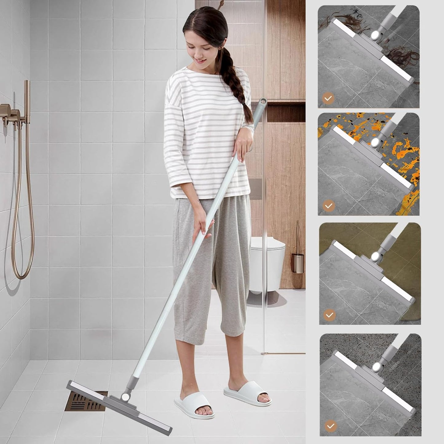 Squeegee Broom for Floor Shower Squeegee with Long Handle Rubber Wiper for Bathroom Tile Shower Glass Car Window Deck Patio Cleaning