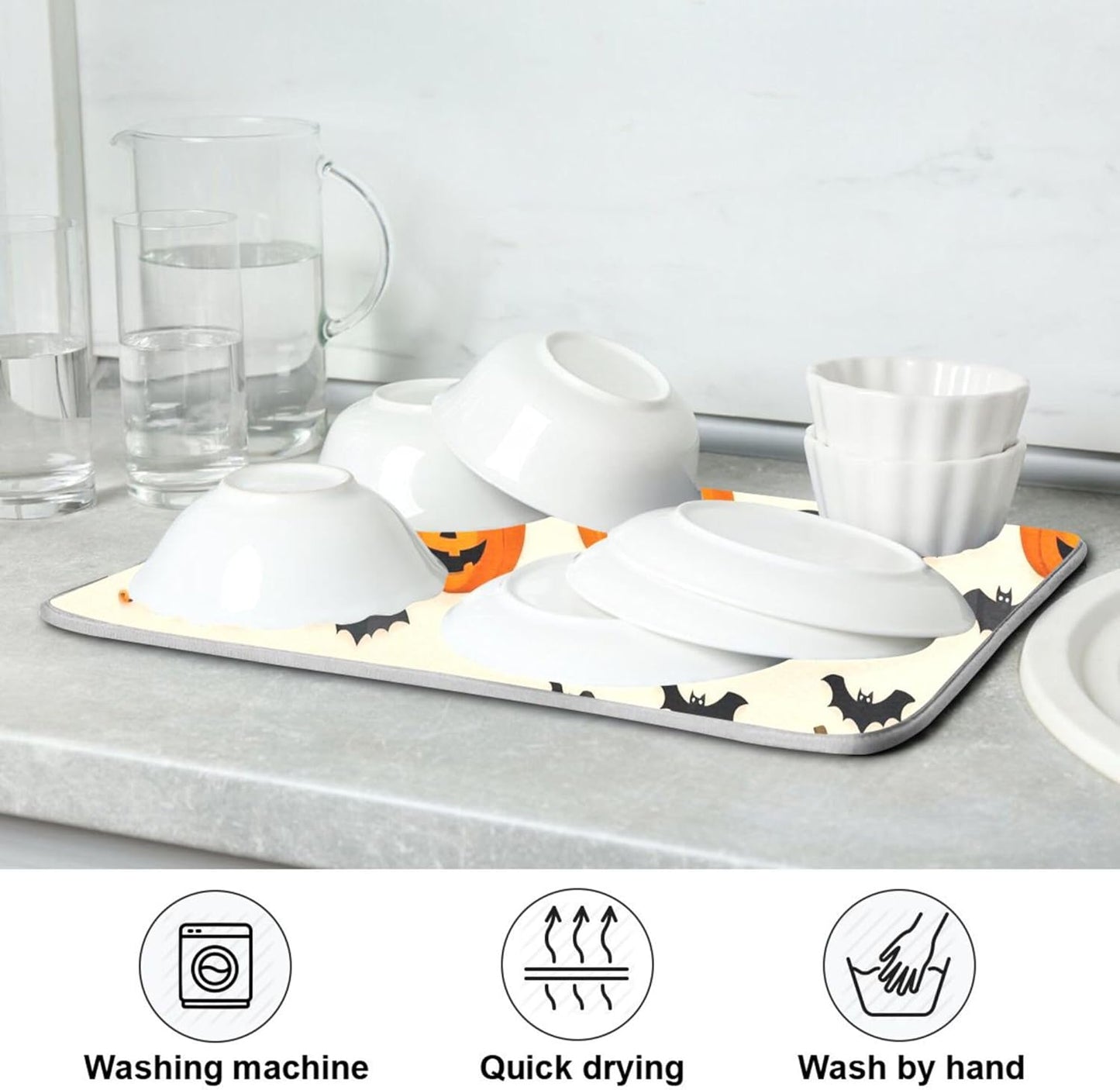 Halloween Black Bat Dish Drying Mat for Kitchen Countertop 16x18 Spooky Evil Pumpkin Lantern Small Drying Mat Reusable Quick Dry Dish Sink Mats Easy Clean Decorative Essentials