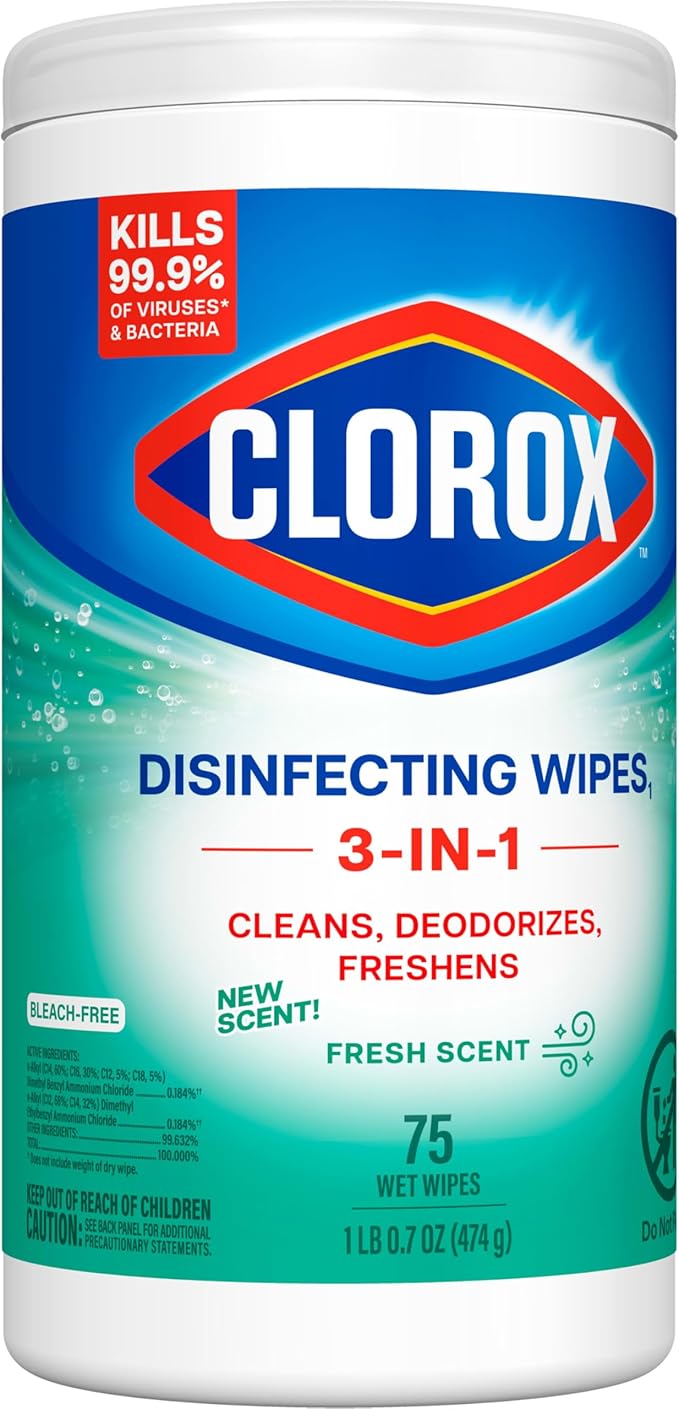 Clorox Disinfecting Cleaning Wipes, Bleach Free, Fresh Scent, 75 Count, Pack of 6 (Pack May Vary)