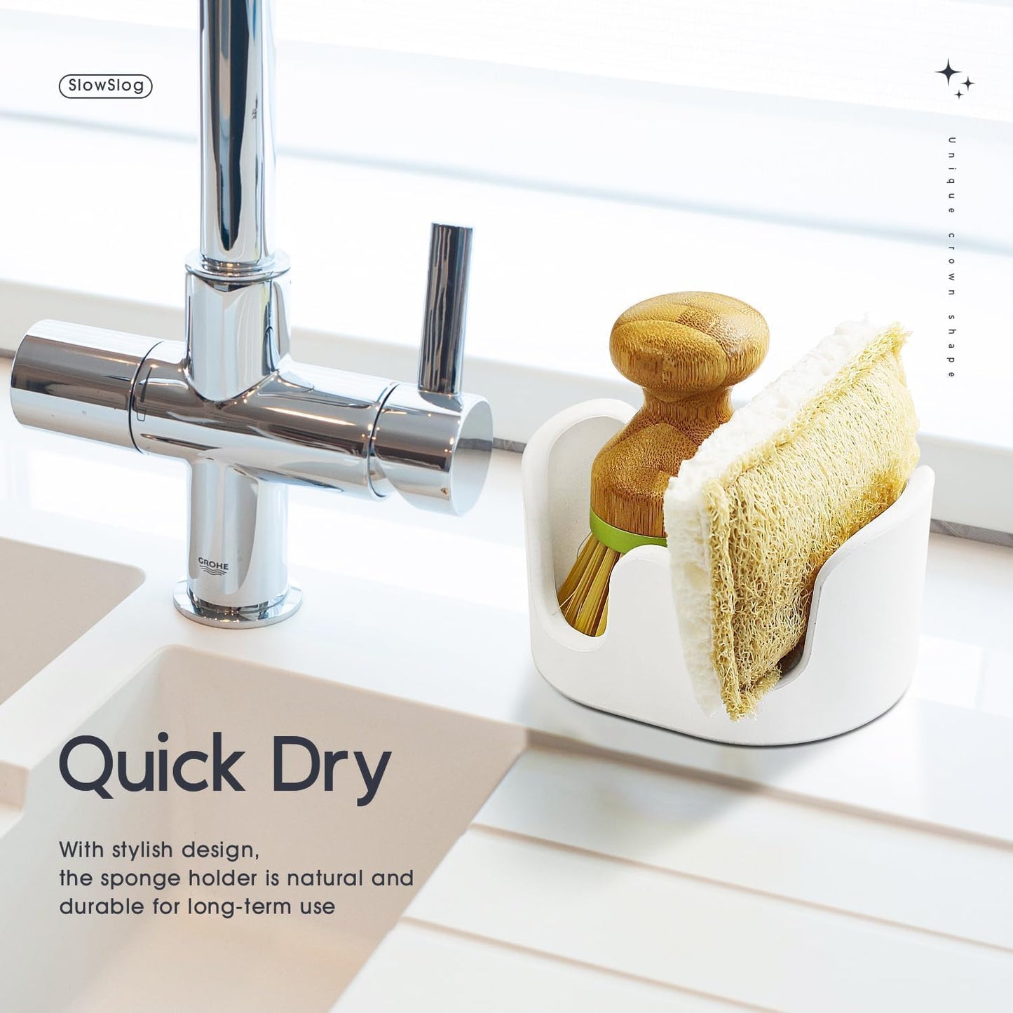 2 Pack Double Sponge Holder, Diatomite Stone Absorbent Sponge Stand for Kitchen Sink - Quick Dry Organizer for Kitchen Countertop, White