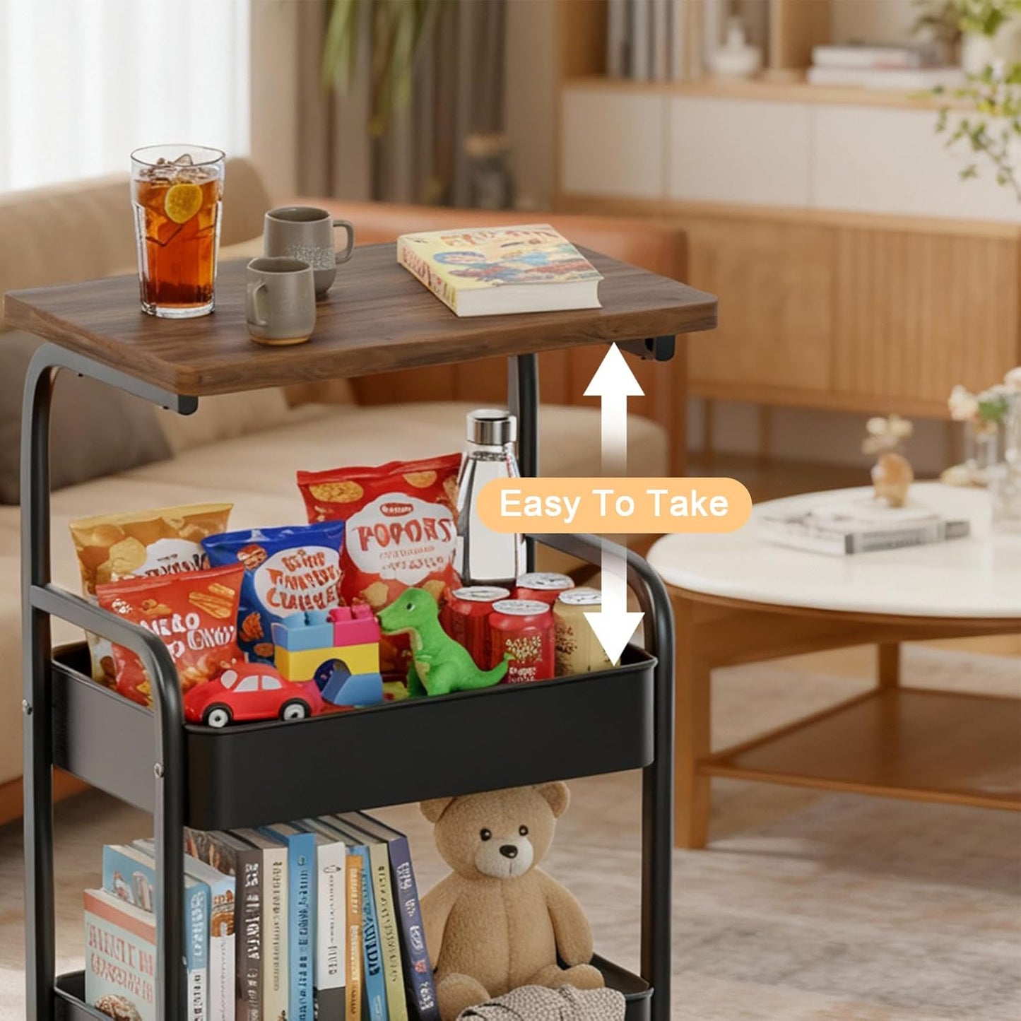 Rolling Cart with Wooden Tabletop 3-Tier Metal Utility Rolling Cart Storage Organizer with Lockable Wheels for Kitchen, Office, Bedroom