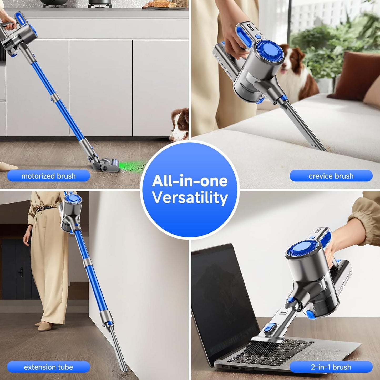 Cordless Vacuum Cleaner - 30KPa Suction Power, 45 Min Runtime, Lightweight Stick Vacuum with Removable Battery, LED Anti-Tangle Brush, Dual HEPA Filtration for Carpet, Hardwood Floors & Pet Hair