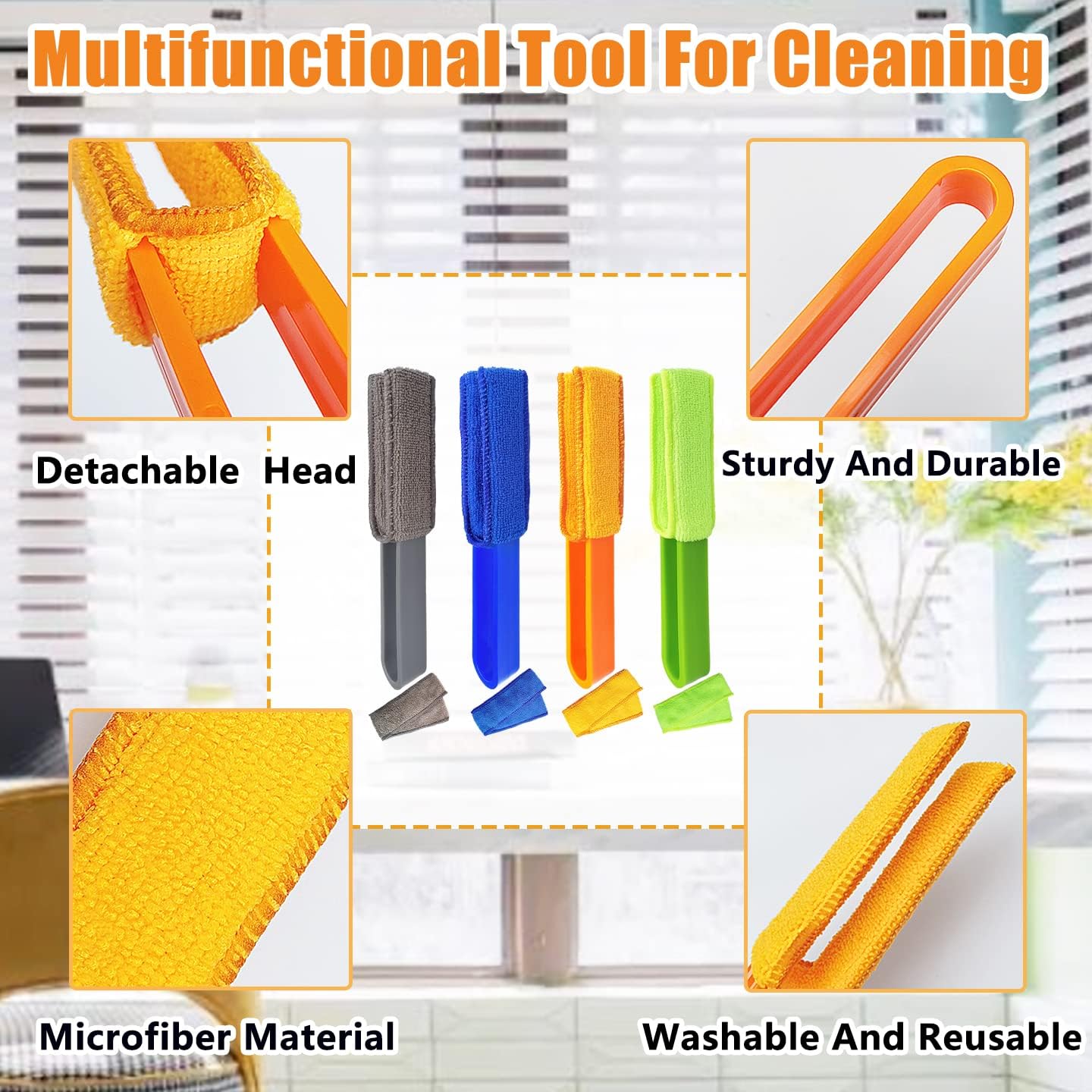 4 Pack Microfiber Blinds Duster, 4 Removable and Washable Sleeves, Cleaner for Window Blinds, Air Conditioner Vents, Fans, Car Vents