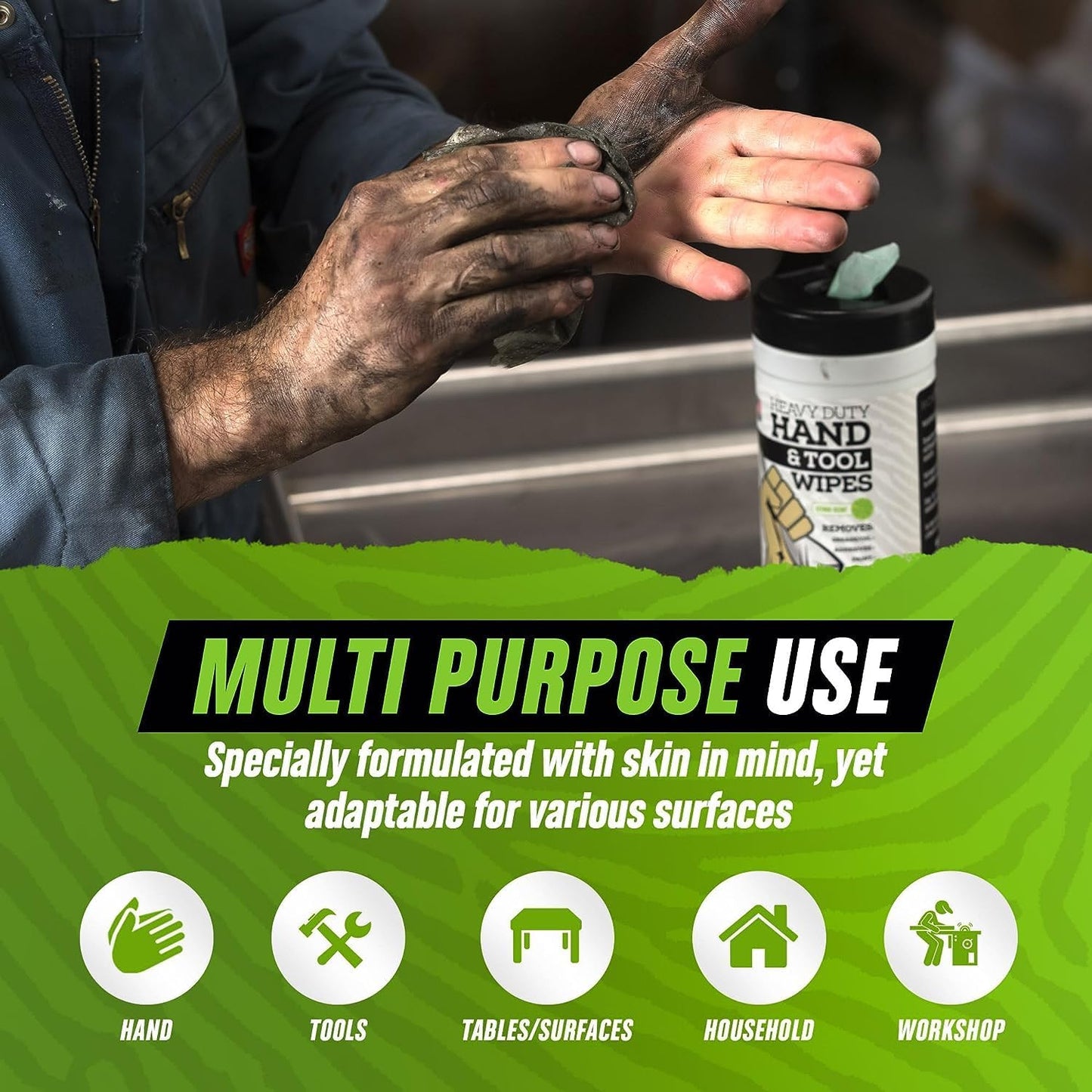 Grip Clean Heavy Duty Hand & Tool Cleaning Wipes – Waterless Hand Cleaner for Mechanics, Garage & Shop Use – Dual-Sided Grease, Oil & Paint Remover Wipes with Citrus Scent - 72ct (6 Pack)