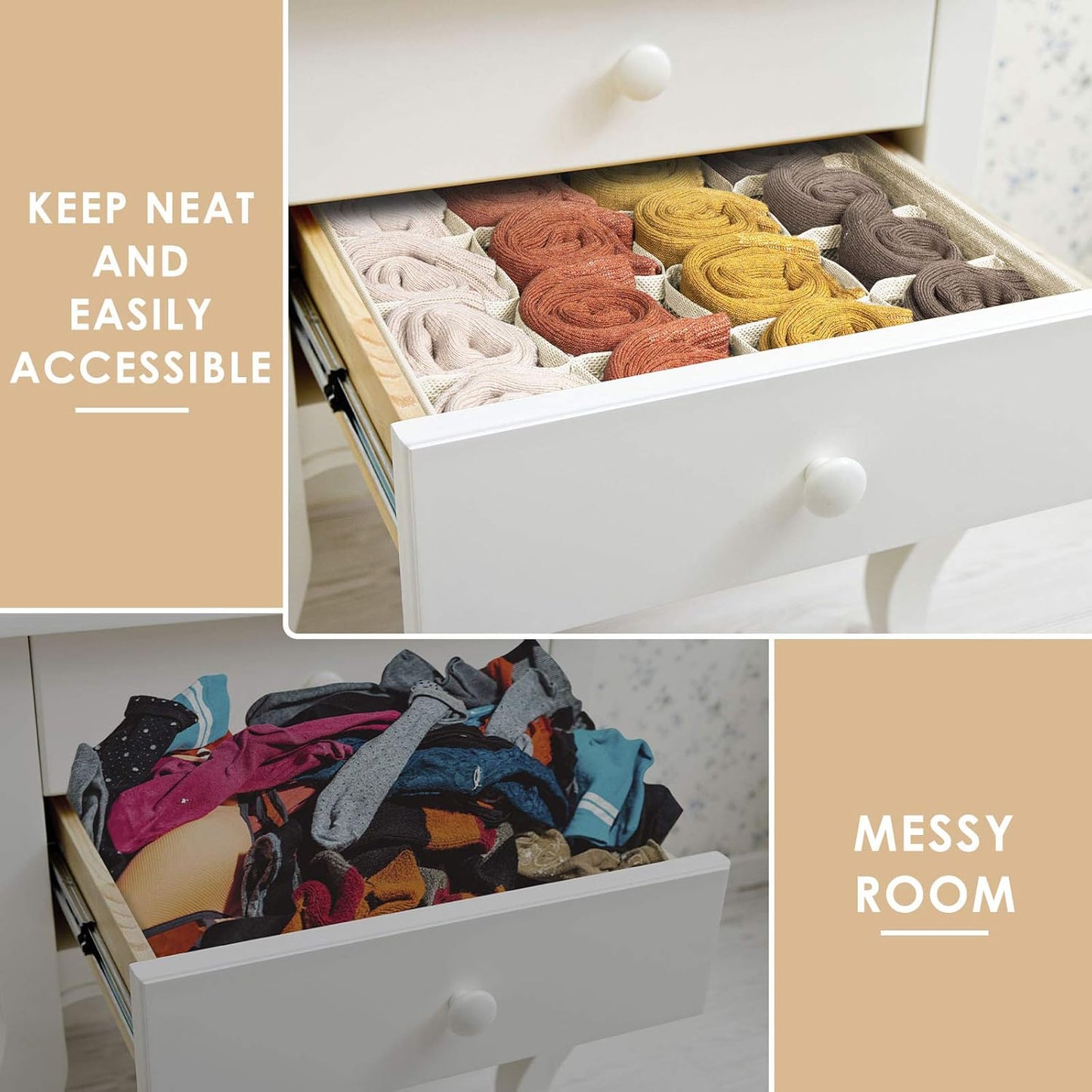 Criusia 3 Pack Sock Underwear Drawer Organizer Dividers, 64 Cell Fabric Foldable Cabinet Dresser Closet Organizers and Storage Boxes for Organizing Socks, Underwear, Ties (16+24+24 Cell, Beige)