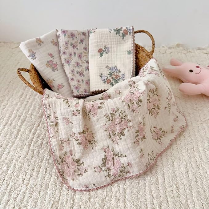 BuLuTu 100% Muslin Cotton Kitchen Towels Set - Pack of 4, 11x11 Inches, Soft, Absorbent, No Shrink Kitchen Towels for Quick Wipe Dishcloths Vintage Floral Print Tea Towels Cleaning Rags