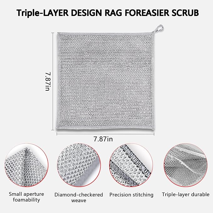 Upgraded 3-Layer Metal Dish Scrubber-6Pcs, No Scratches, Odor-Free, Multi-Purpose Stainless Steel Scouring Pad for Kitchen Cleaning – Dry & Wet Use, for Dishes, Cookware, Sinks, Stove Tops (6PCS)