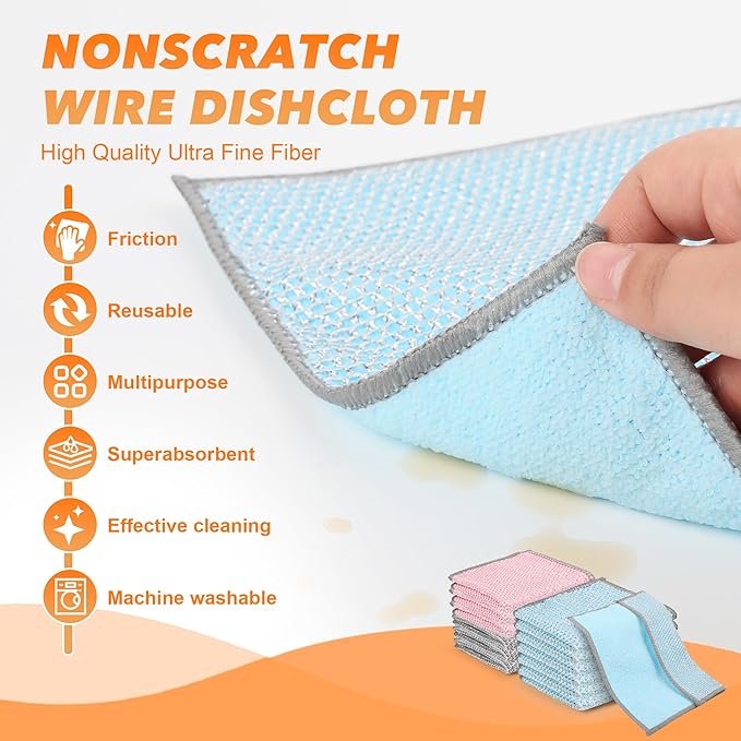 12Pack Upgrade Multipurpose Wire Dishwashing Rags, Dual-Side Non Scratch Wire Dishcloth, for Wet and Dry Use, Reusable Metal Scrubbing Microfiber Clean Cloths for Home/Kitchen/Stove(Pink)