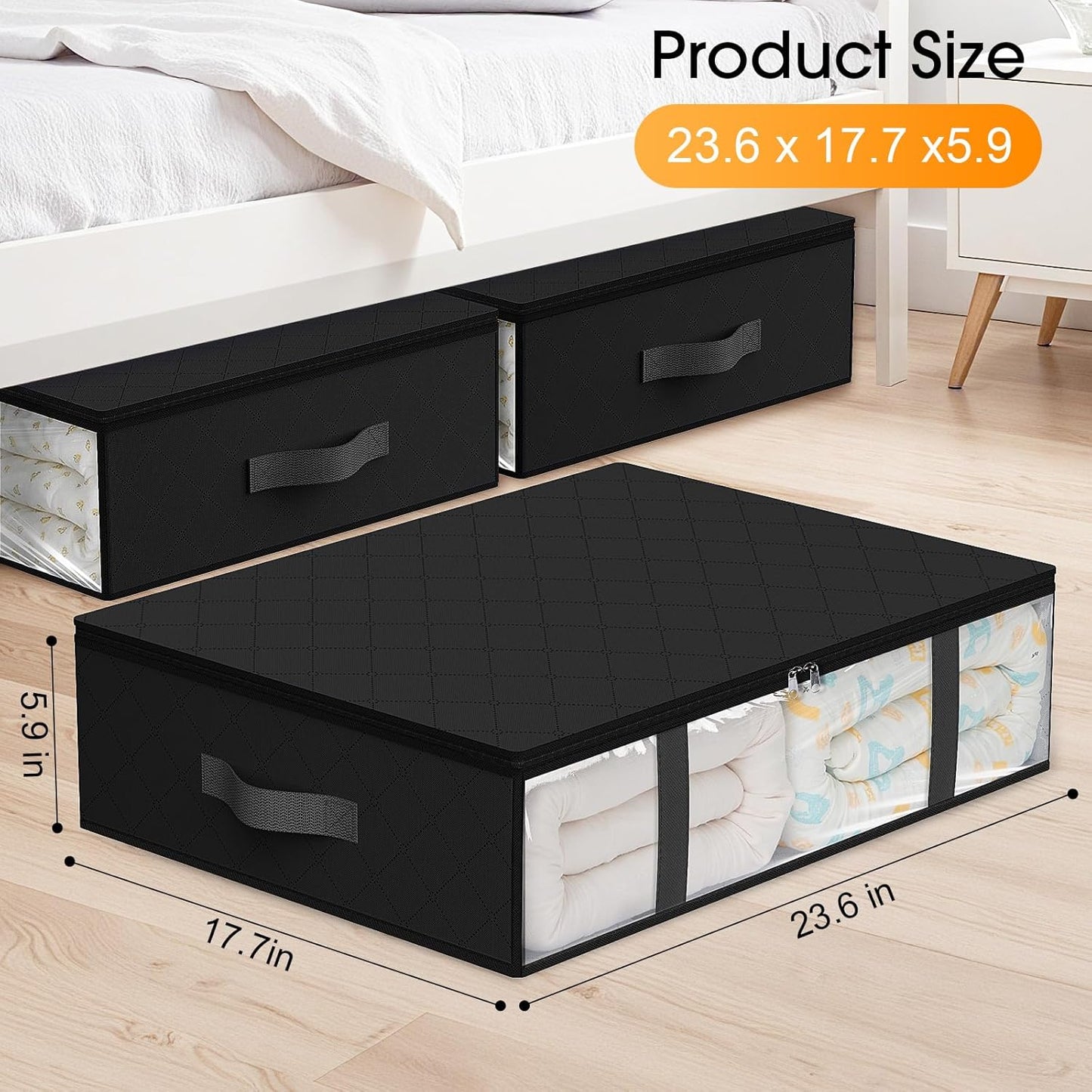 StorageRight Under Bed Storage Bins, 4-Pack 40L Foldable Fabric Storage Bags with Transparent Window, Breathable Organizer for Clothes/Blanket/Comforter/Quiltr, Black