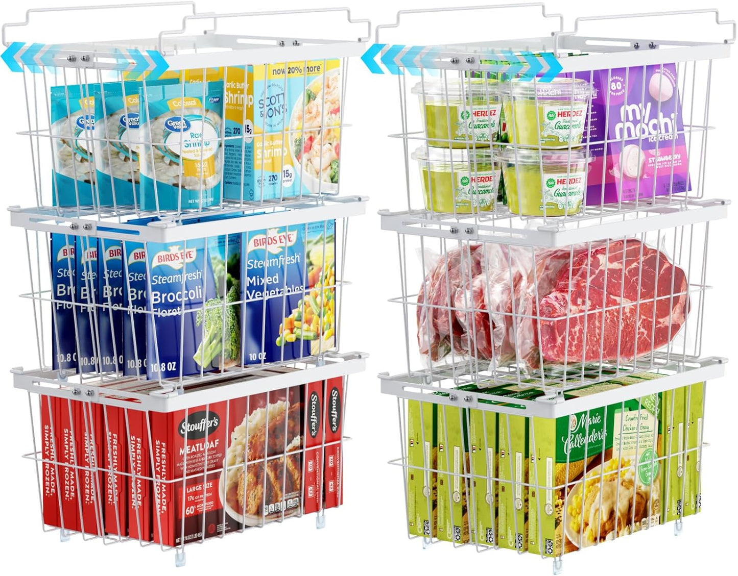 iSPECLE Chest Freezer Organizer Bins - 6 Pack Large Adjustable Freezer Organizer Bins for 5 to 9 Cu.FT Deep Freezer, Easy Access & Stackable Chest Freezer Organizer Hold More Food, White