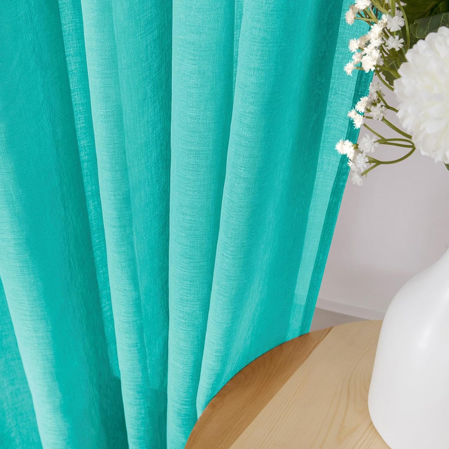 Tollpiz Short Sheer Curtain Living Room Linen Textured Curtains Sheer Light Filtering Voile Rod Pocket Curtain for Bedroom, 38 x 54 inches Long, Aqua Blue, Set of 2 Panels