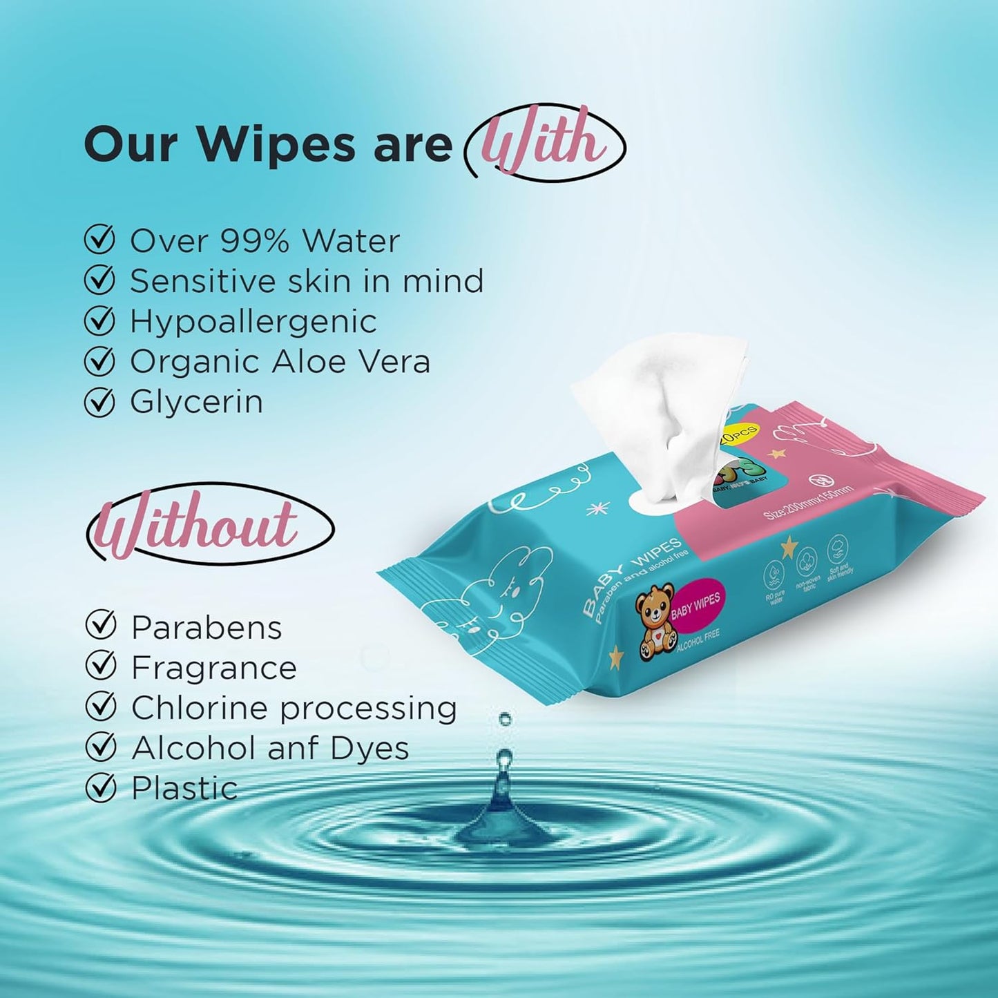 Ioly's Baby Wipes Unscented Wet Wipes 99% Water Based with Aloe Vera Fragrance Free Travel Pack 20 ct Hypoallergenic Water wipes for Sensitive Skin Toallitas Húmedas para Bebés Bulk Available