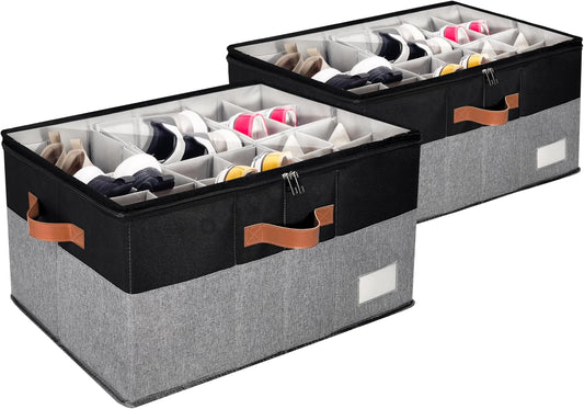 2 Pack Shoe Organizer for Closet, Adjustable Shoe Box Storage Containers, Large Foldable Shoe Bins with Clear Cover, Space Saving Shoes Holder with 4 Handles, Fits 24-48 Pairs, Black