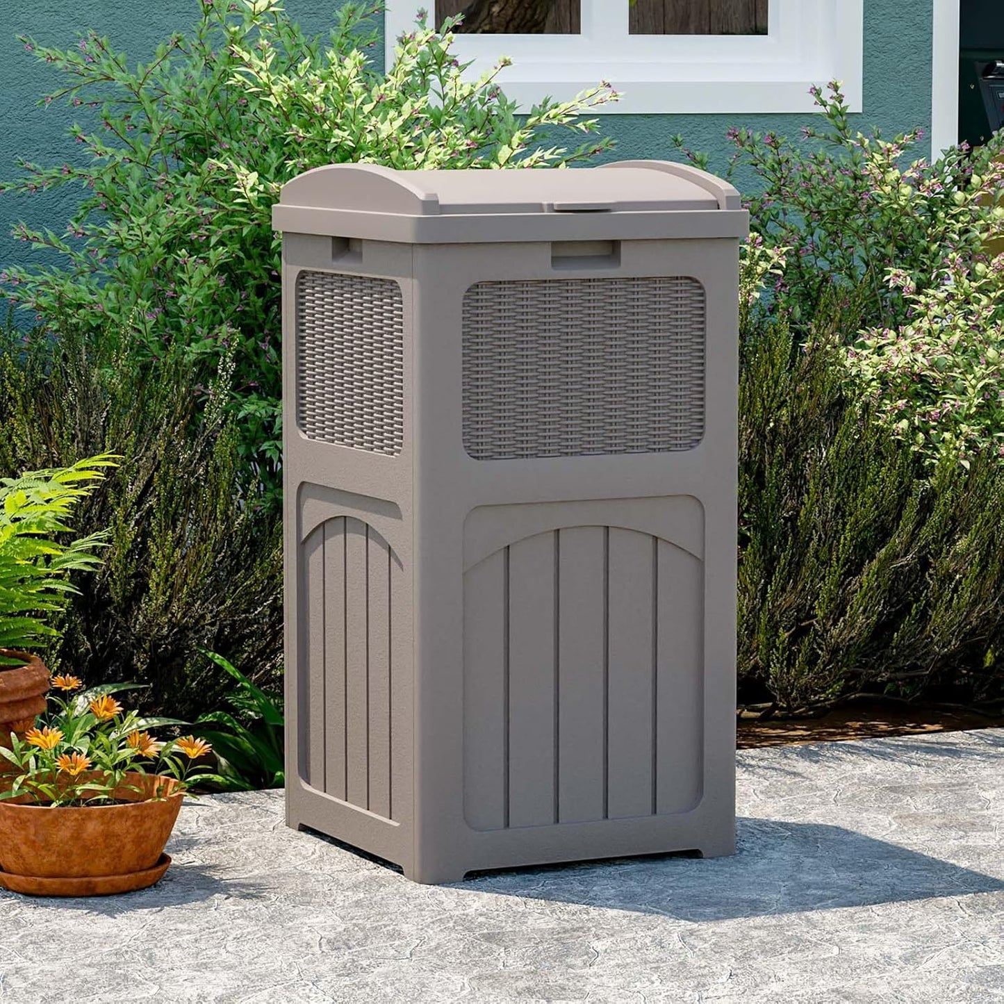 Patiowell 36 Gallon Outdoor Trash Can, Resin Outdoor Garbage Can with Lid for Patio, Backyard, Deck, Light Brown