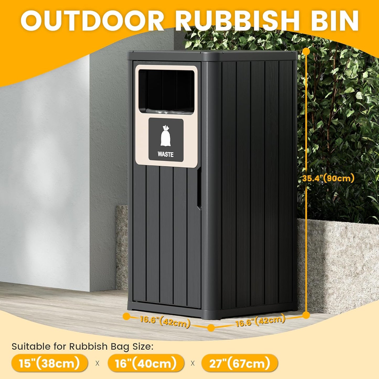 22 Gallon Outdoor Trash Can Waterproof Resin Garbage Can with Waste Labels Outside Trash Bin for Patio Kitchen Commercial Garbage Can Backyard or Deck Black