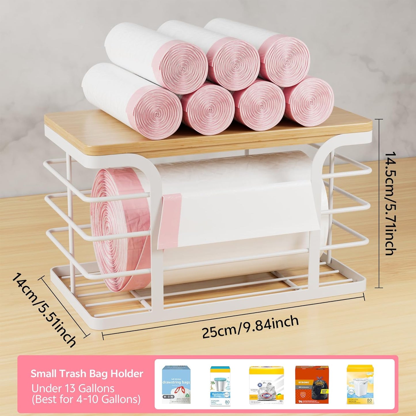 Trash Bag Holder Dispenser with Bamboo Top,Wall Mount Garbage Bag Dispenser,Stackable Storage for Kitchen Laundry Room Organization,White Small