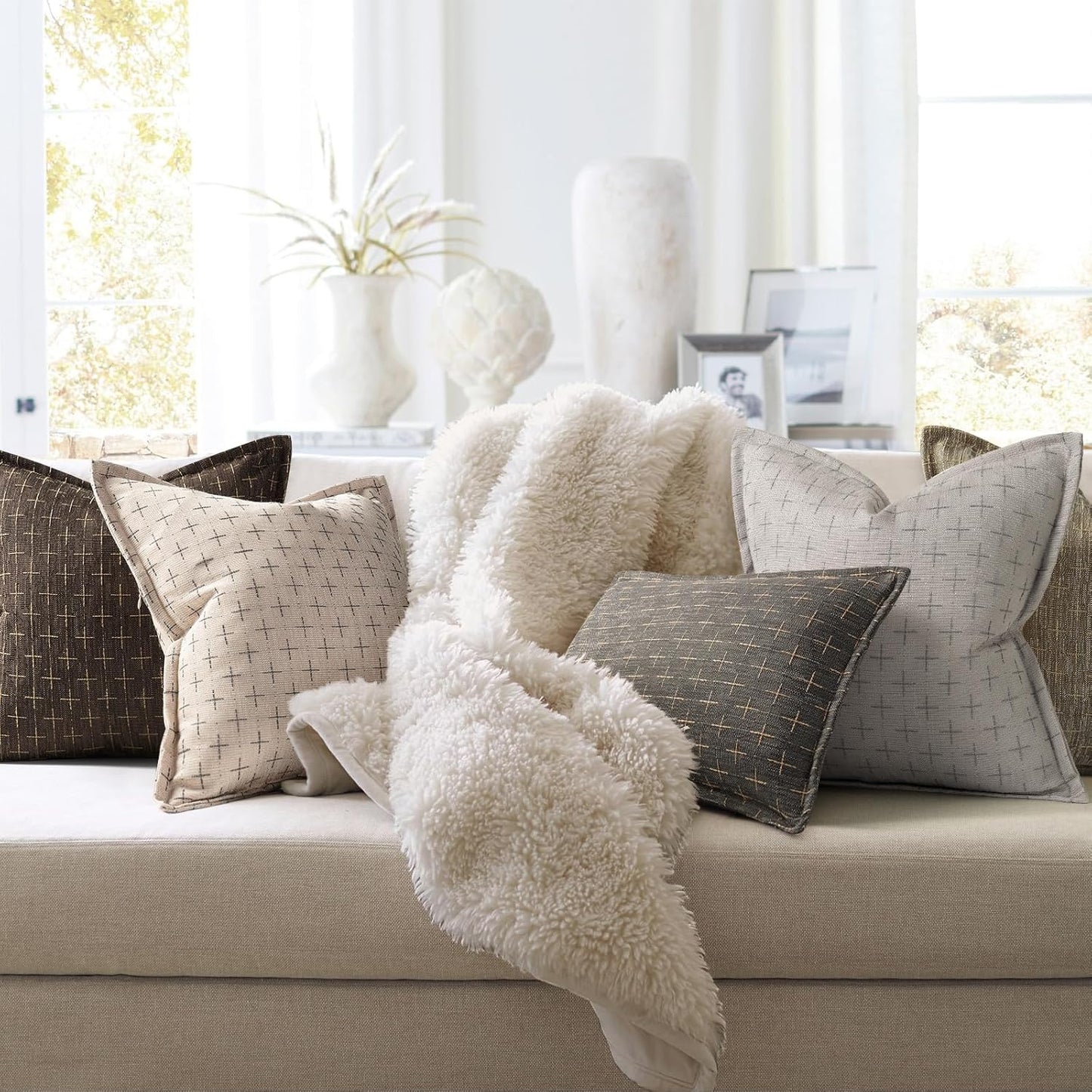 ZWJD Pillow Covers 20x20 Set of 2 Soft Polyester Textured Pillow Covers with Stylish Flange Edge Cozy Farmhouse Throw Pillows for Couch Bed Sofa Living Room