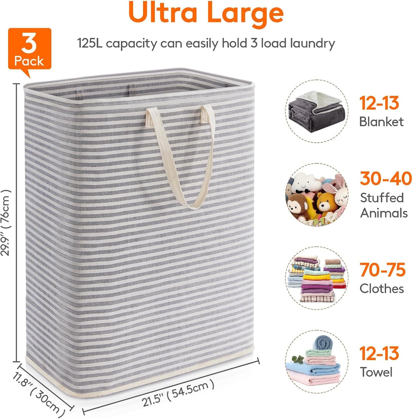 Lifewit 3 Pack Laundry Hamper Large Collapsible Laundry Baskets, Freestanding Waterproof Clothes Hamper with Easy Carry Handles in Laundry Room Bedroom Bathroom College Dorm for Adults, Gray, 3 x 125L