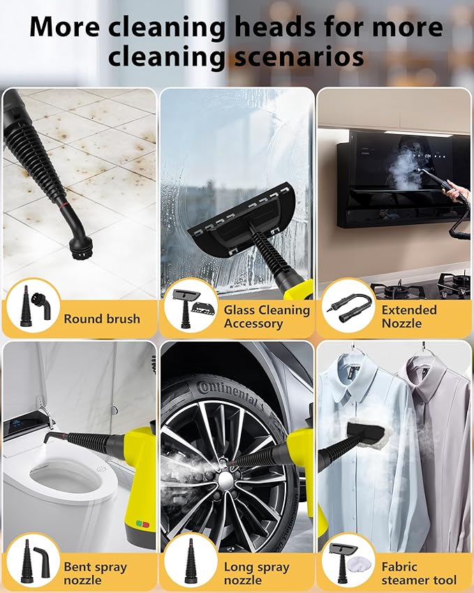 Steam Cleaner - Handheld Steam Cleaner with 12Pcs Accessories & Safety Lock, Pressurized Handheld Steam Cleaner for Home, Tile, Windows, Bathrooms, Kitchens, Grease, Car, Yellow