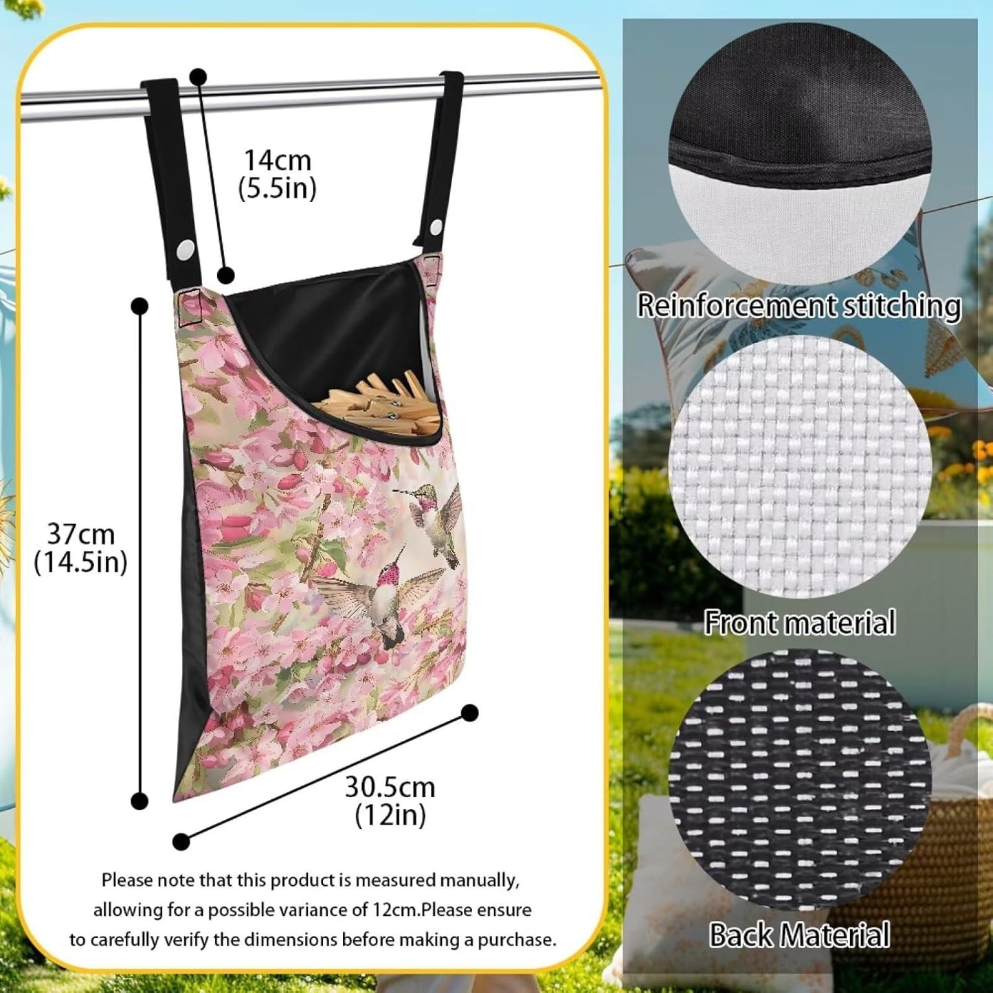 Hummingbird and Cherry Blossom Clothespin Storage Bag, Space-Saving Organize Clothespin Bag with A Large Opening for Clothesline Outdoor