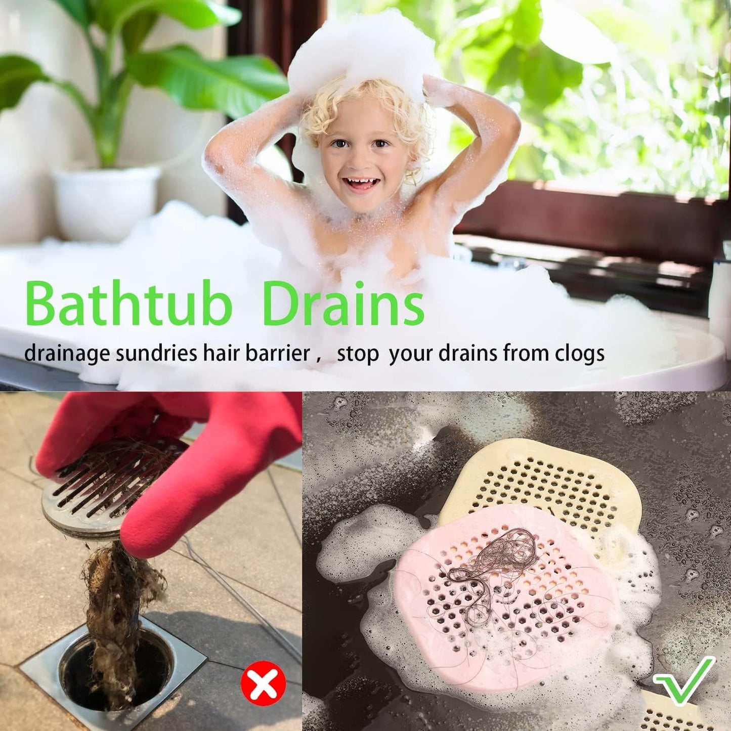 2 Pack Drain Hair Catcher Silicone Drain Protector Hair Stopper with Suction Cup for Shower Kitchen Bathroom White Grey