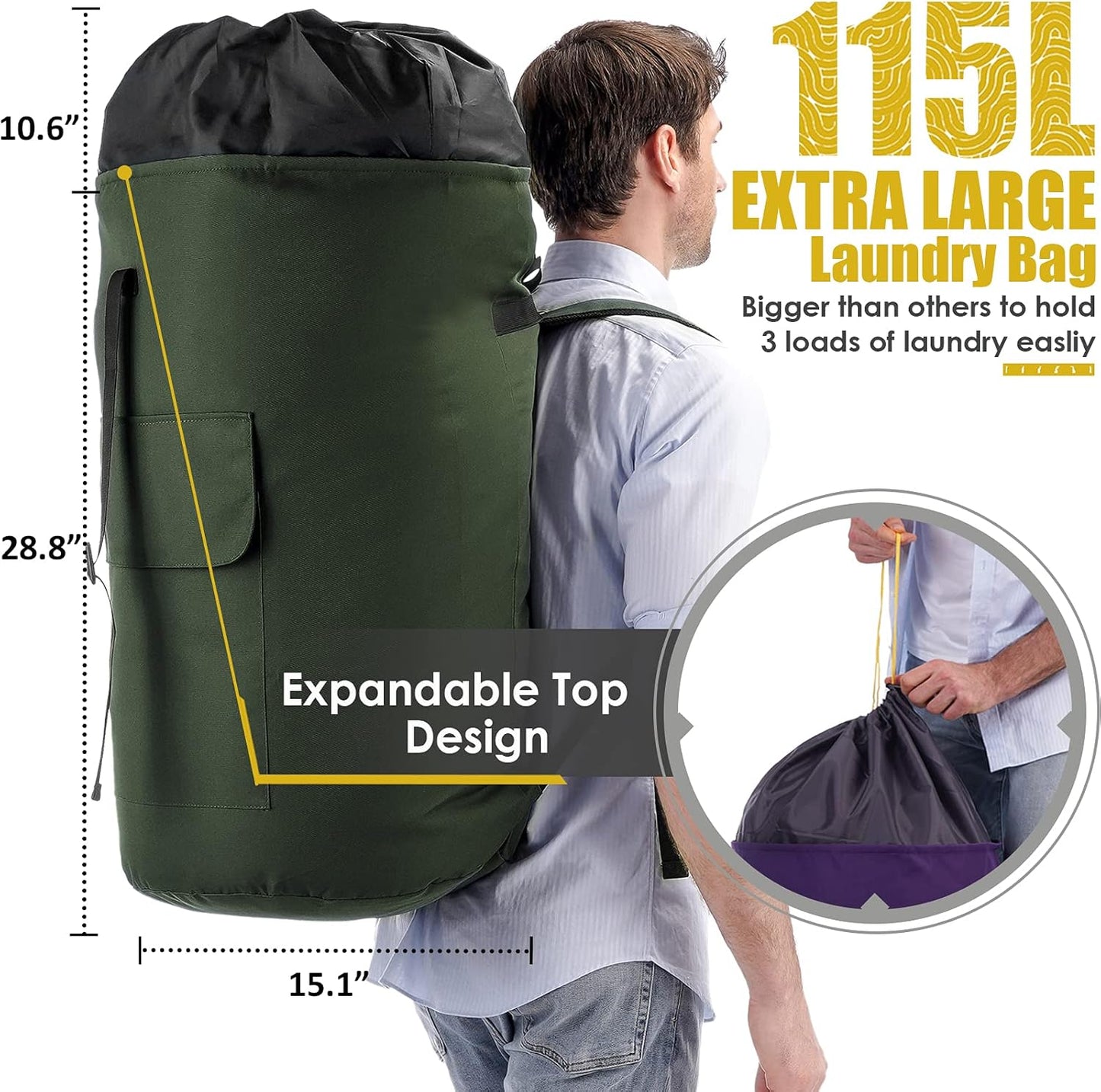 Laundry Bags Extra Large Heavy Duty, 115L Laundry Backpack, Sturdy Laundry Bag with Shoulder Straps, Army Green Laundry Bag for College, Top Loading Duffle Bag for Camp, Travel, Dorm, Apartment