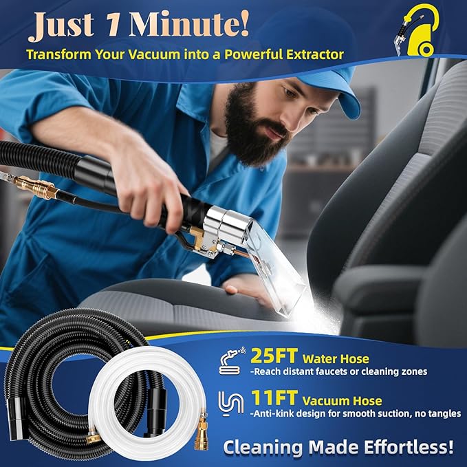 Better Extractor Hose Kit for Shop Vac, Universal Shop Vac Extractor Kit with 25FT Waterline, 11FT Vacuum Hose& Adapter, Converts Vacuum to Upholstery Extractor for Auto Detailing & Home Cleaning