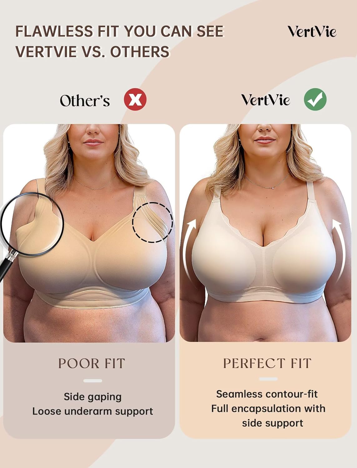 Vertvie Womens Seamless Bras No Underwire Supportive Wireless Push Up Full Coverage Bralette Comfort Scalloped T-Shirt Bra