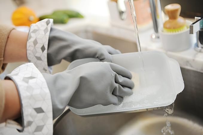 Full Circle Splash Patrol - Natural Latex Cleaning Dish Gloves, Stay-Dry Cotton Cuffs, Durable with Protective Lining, Small/Medium, (1 Pair) Grey