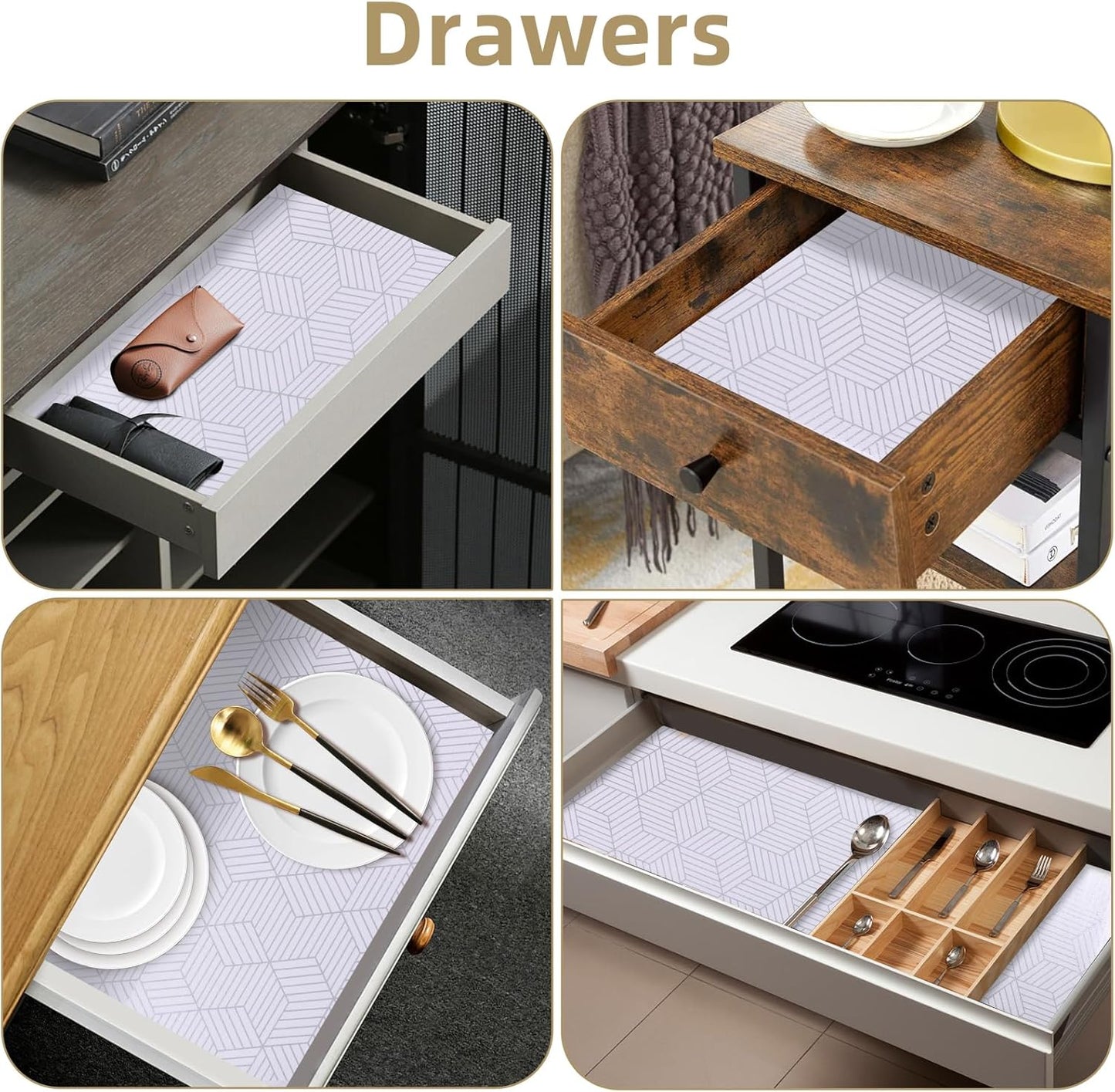 Shelf Liners for Kitchen Cabinets Non Adhesive Shelf Liner Paper Non-Slip Thickened Drawer Liner Easy to Clean for Tool Box Refrigerator with Knife and Tape Measure, Silver Geometric, 11.8 x 354.3 in